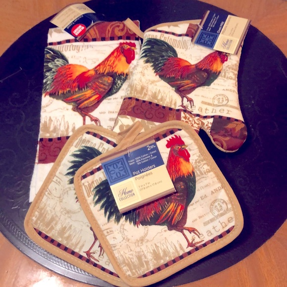 NWTAG Home Collection Rooster Themed - 2 Pot Holders, 1 Oven Mitt & 1 Tea Towel - Picture 1 of 4